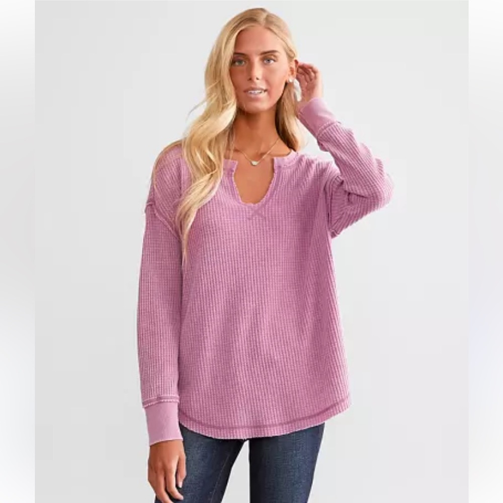 Z Supply Pink Waffle Knit Long Sleeve Tee